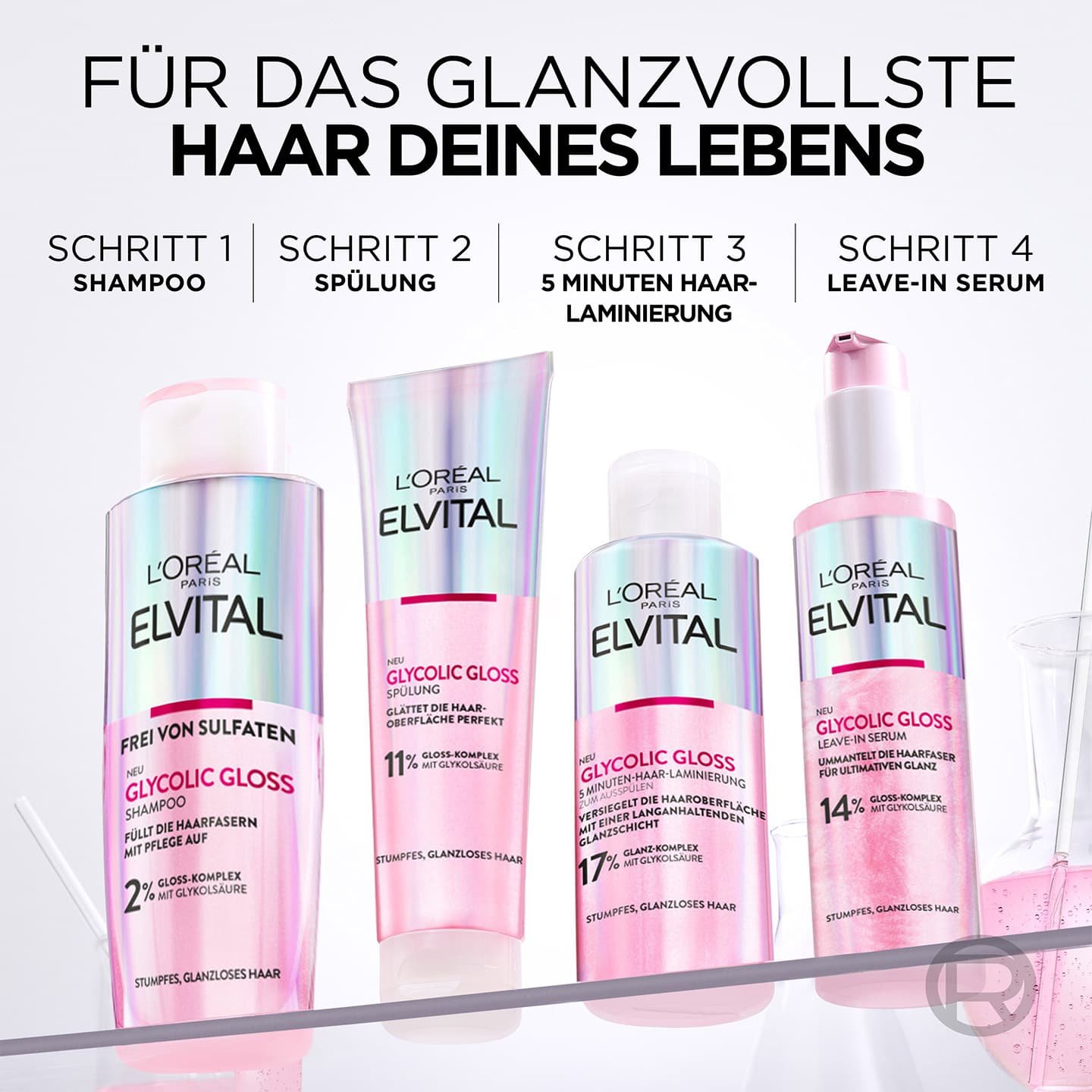 Produktabbildungen aller Produkte aus der Reihe Elvital Glycolic Gloss